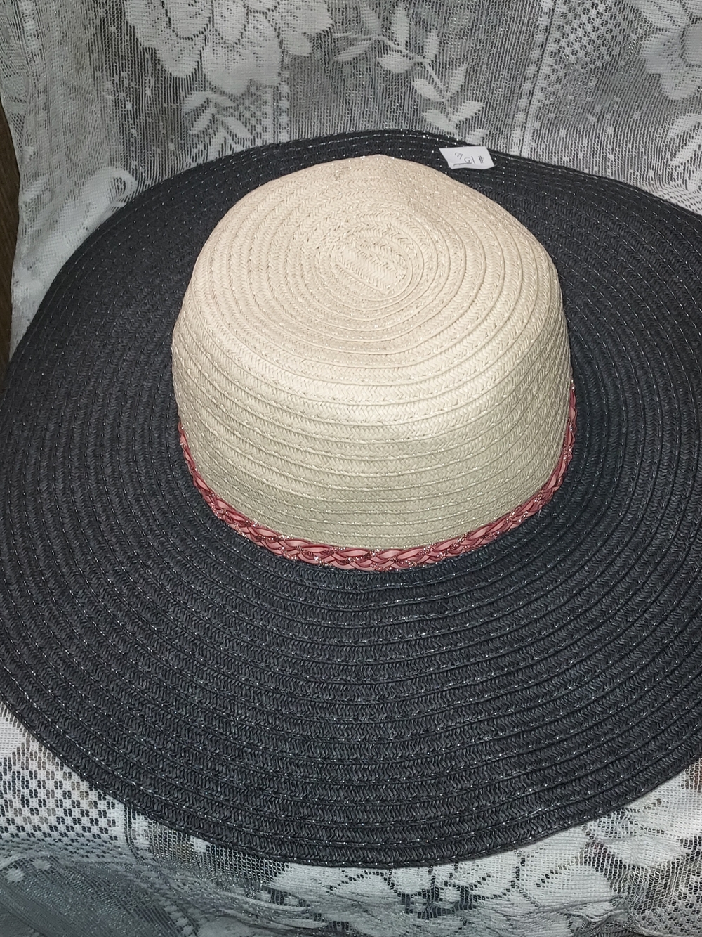 Rampage Two-Tone Wide Brim Sun Hat in Black, Cream & Pink Trim Rampage